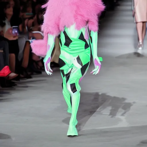 Prompt: goblin girl models the latest in celine fashion on the runway