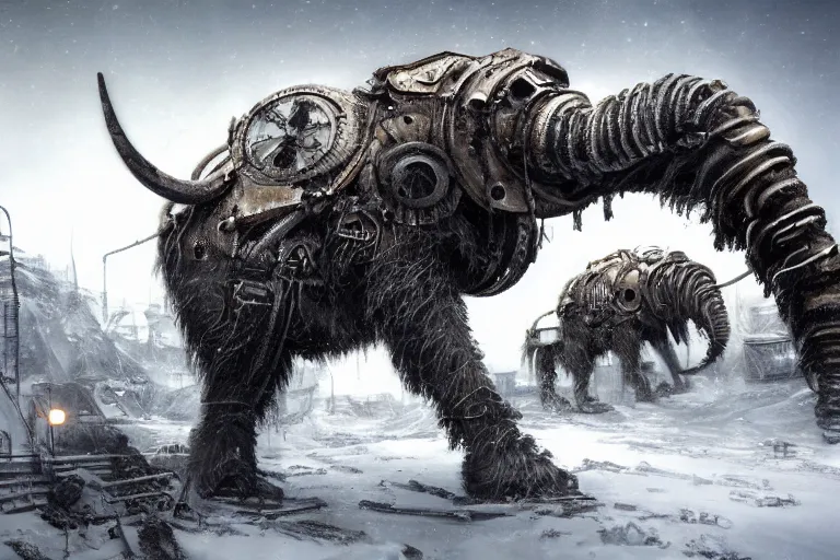 Prompt: a giant steampunk mammoth, post - apocalyptic ice landscape in snowstorm, concept art by hr giger, artstation, highly detailed, digital art