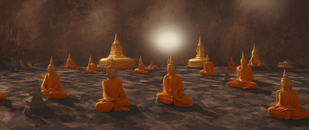 Prompt: ' witches meditating near buddhist stupa, high - tech space cult, dramatic lighting, epic, octane render, volumetric light, unreal engine, artbreeder, 8 k, background, scene, digital, artwork, high quality, 8 k''