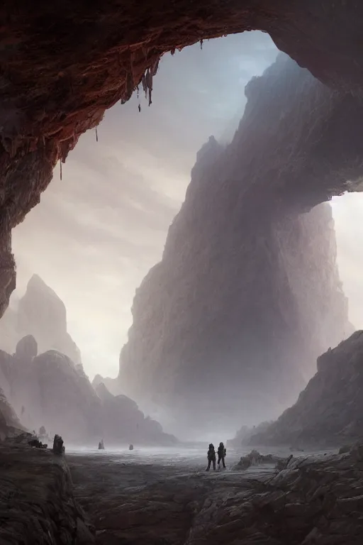 Prompt: a complex layered cave system. highly detailed. intricate. mist. rim light. photorealistic. matte painting. atmospheric. octane render. imagined by pablo carpio and greg rutkowski. low angle wide shot.