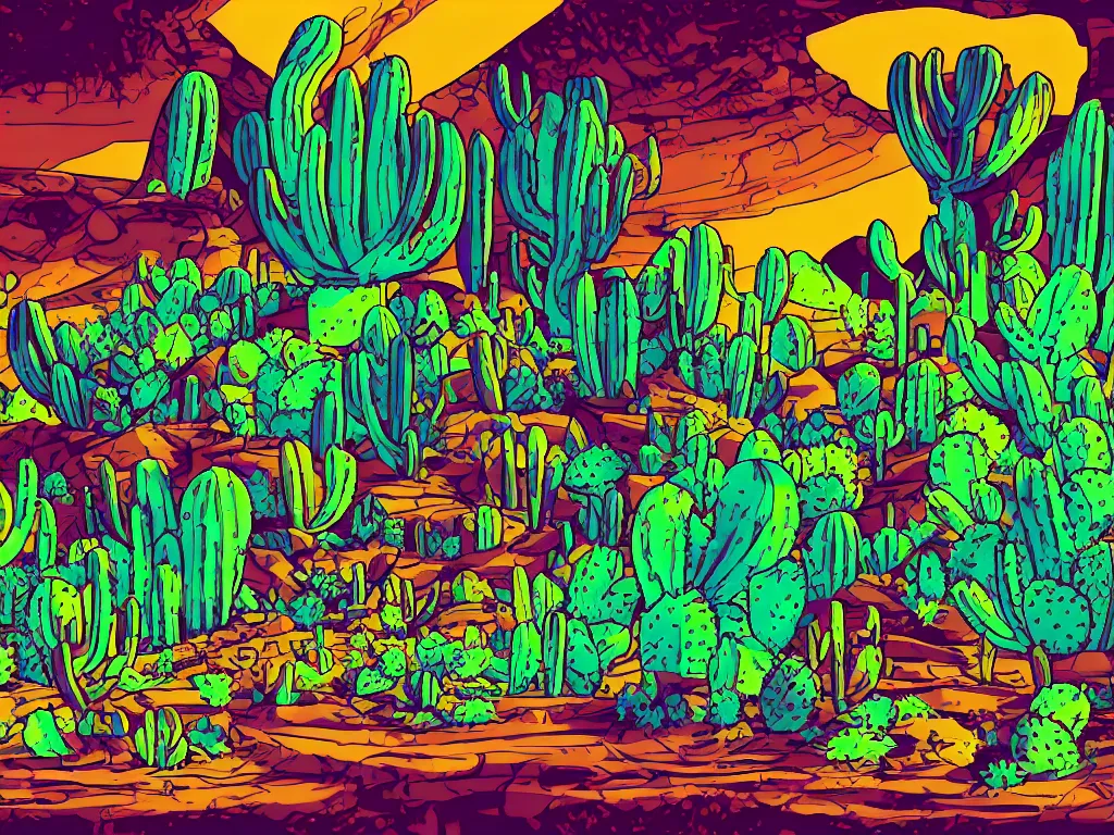 Image similar to vector illustration!!!! duotone!! desert rave inside of cactus cave!!!!!! cinematic composition!! poster design!