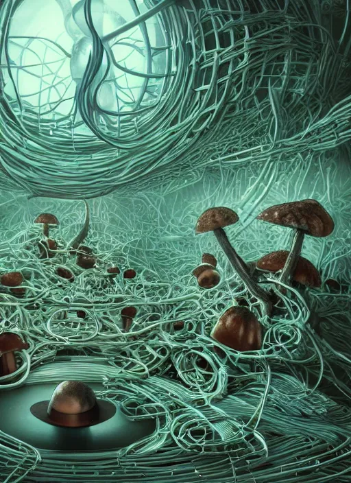 Image similar to wide - angle shot of cybertronic mushroom, cables and tubes, depth of field, zeiss lens, detailed, symmetrical, centered, fashion photoshoot, by nicoletta ceccoli, mark ryden, lostfish, earl nore, hyung tae, frank frazetta, breathtaking, 8 k resolution, extremely detailed, beautiful, establishing shot, artistic, hyperrealistic, octane render