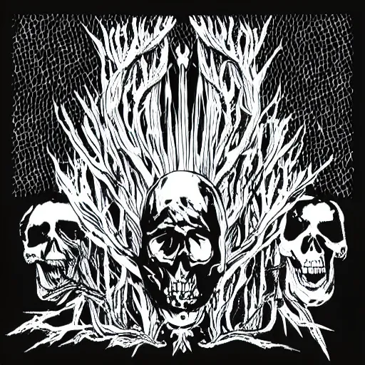 Image similar to dark death metal themed vector illustration for a record label, trees. forest, spikes, skull, microphone, skull, award winning, grunge, iconic, golden ratio