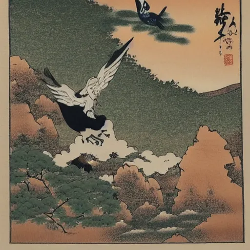 Image similar to bird riding a unicorn in the rocky mountains, japanese animals style