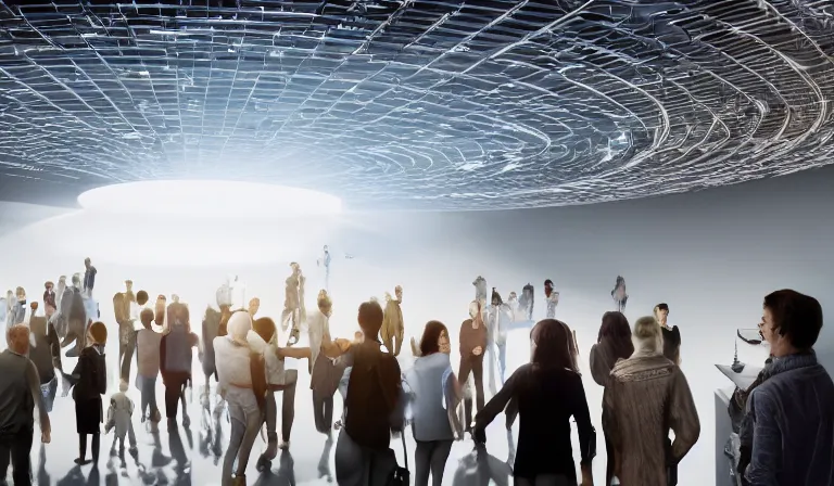 Image similar to crowd of people in simple white museum, looking at hologram of futuristic metropolis on a circular table, cinematic concept art, godrays, golden hour, natural sunlight, 4 k, clear details, tabletop model buildings, center model buildings, hologram center, crane shot, crane shot, crane shot, white walls