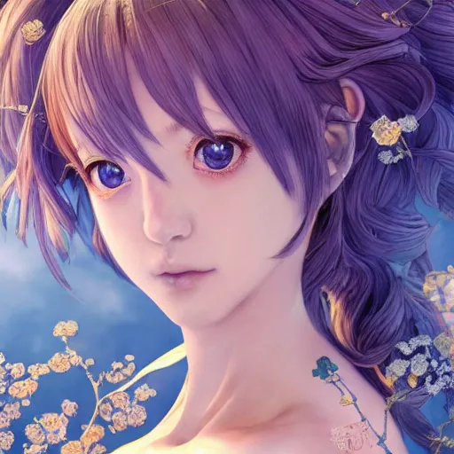 Image similar to the portrait of a blueberry that resembles an absurdly beautiful, graceful, elegant, sophisticated anime gravure idol, an ultrafine hyperdetailed illustration by kim jung gi, irakli nadar, intricate linework, bright colors, octopath traveler, final fantasy, unreal engine 5 highly rendered, global illumination, radiant light, detailed and intricate environment