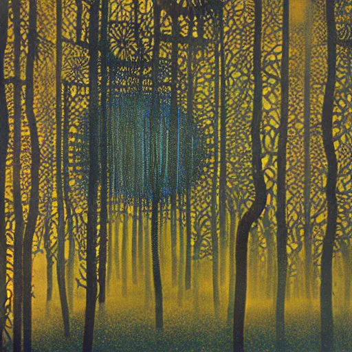 Image similar to a dark foggy golden blue forest, eerie, pulsating , Ernst Haeckel, Klimt, Henri Rousseau, film still by wes anderson