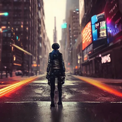 Image similar to a grungy cyborg kitten walks in NYC street in a rainy day among other people, led lights around the place, digital painting, ultra detailed, unreal engine 5,