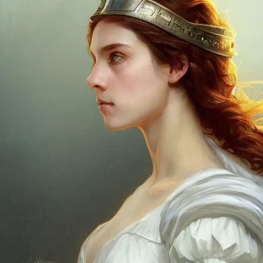 Image similar to portrait of a young woman wearing an elegant white dress and a knight helmet, scared, intricate, headshot, highly detailed, digital painting, artstation, concept art, sharp focus, cinematic lighting, illustration, art by artgerm and greg rutkowski, alphonse mucha, cgsociety