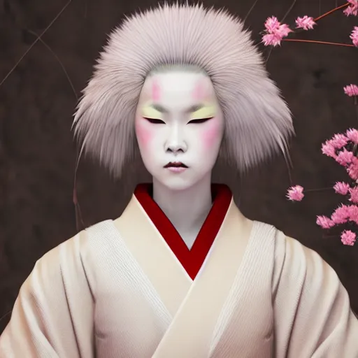 Image similar to young albino kitsune maiko in the style of hiroaki samura, unreal engine octane, red highlights, portrait,detailed,