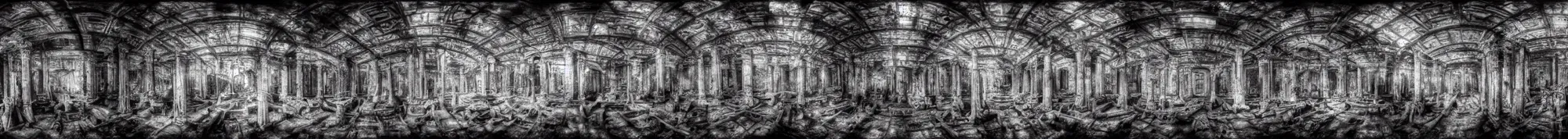 Image similar to photo of an immersive forgotten panopticon well full of eyes, with columns and destroyed cybernetics from an ancient civilization, photorealistic, higly detailed dark, 3 6 0 picture, panorama, 3 5 mm slide, trending on flickr, in the style of francesca woodman, zachary corzine, zhelong xu, greg rutkowski and anders zorn