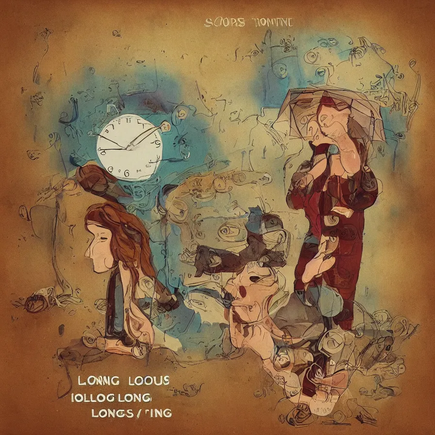 Prompt: beautiful original cover artwork for a song titled :'long longtemps '. involves consulting a psychiatrist, the feeling of boredom and loneliness, absent friends, losing control, an empty calendar, too much time on your hands.