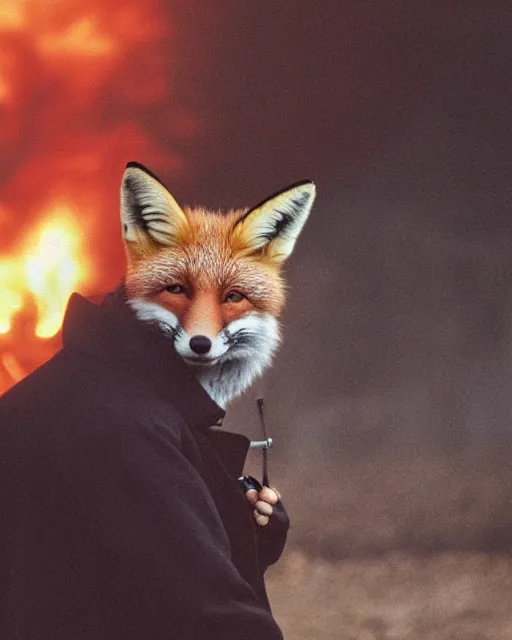 Image similar to a fox in a black trench - coat, smoking a cigarette in front of a huge explosion in the middle of a war, style of anime