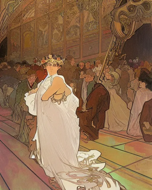 Image similar to painting alphonse mucha, the interior of an opera house, the audience in a dark hall, a singer in a white dress on a lighted stage with an orchestra, soft cinematic lighting, a palette of pastel colors