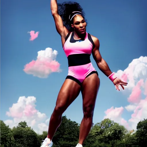 Prompt: Serena Williams as the Nike Goddess of Victory in pink clouds