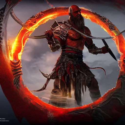 Image similar to an ultra detailed 3 d render of the sun tzu dressed like kratos as an elden ring boss, epic anime fantasy, 8 k, in the style of a fantasy metal album cover and magic the gathering, volumetric lighting, smooth, highly detailed, digital illustration, octane render, art by albert bierstadt and greg rutkowsi, artstation