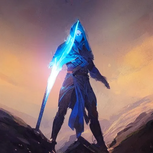 Image similar to showcase of a fantasy greatsword glowing with blue magical power, art by greg rutkowski