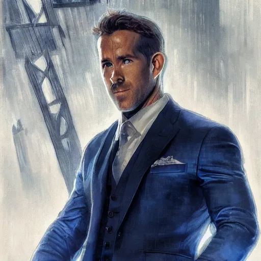 Image similar to ryan reynolds as spider - man, wearing a black and blue suit, cinematic, volumetric lighting, f 8 aperture, cinematic eastman 5 3 8 4 film, photorealistic by greg rutkowski, by stanley artgerm, by alphonse mucha