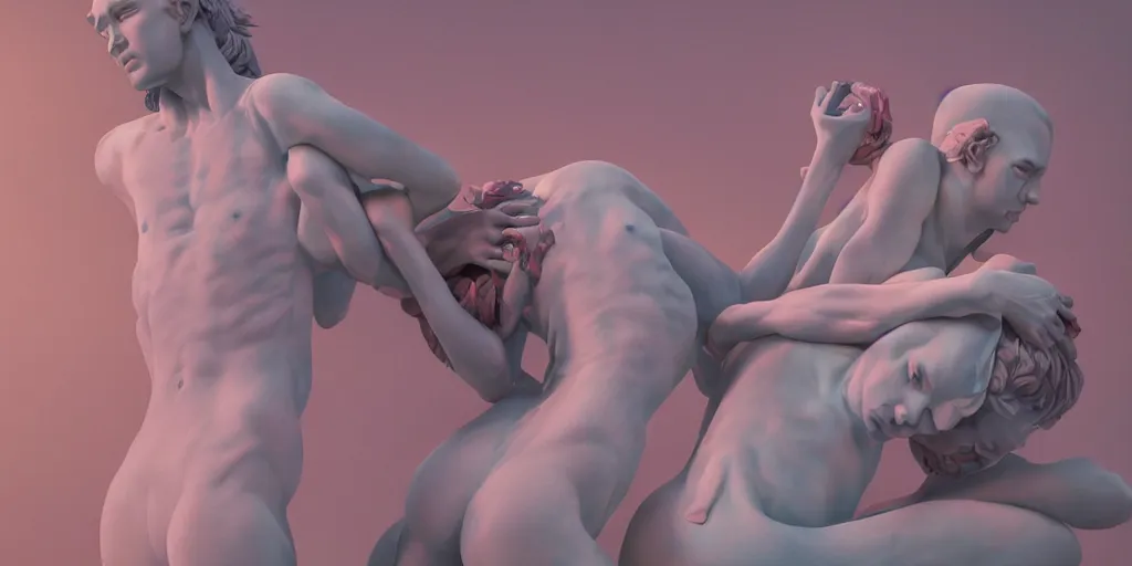 Image similar to greek sculpture of intertwined bodies painted in pastel colors. artwork by James Jean and Tooth Wu and wlop and beeple and greg rutkowski and nekroxiii. octane render, cinematic, hyper realism, redshift render, 8k, depth of field, iridescent accents