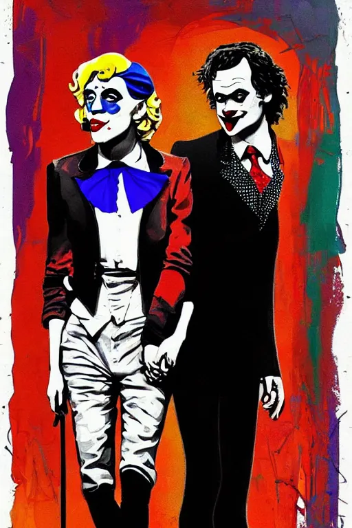 Image similar to ilya yefimovich repin and mimmo rottela and banksy as joaquin phoenix skinny joker, holding hand, lady gaga harley queen, ultra photorealistic, intricate details, pop art style, concept art, confident posse, random object details, 3 colours, warm color, 4 k, ultra smooth, sharp focus