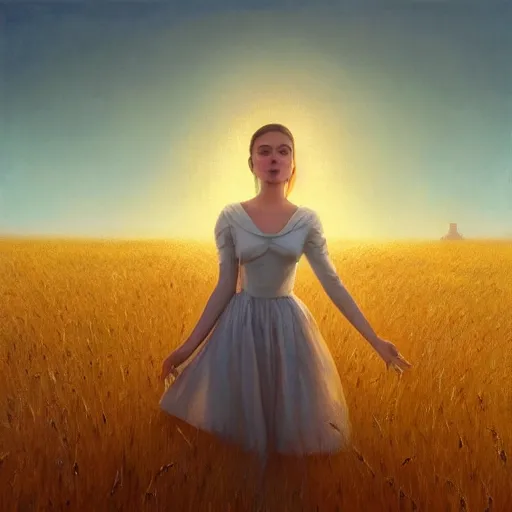 Image similar to close-up shot, a beautiful painting of a girl in a airy semi-transparent thin light dress standing in the glowing wheat fields, mystical setting, afternoon sun, long shadows, photo from the back, by Mark Ryden, artgerm, Bekzinski, WLOP, Felix Kelly and Ross Tran, trending on artstation