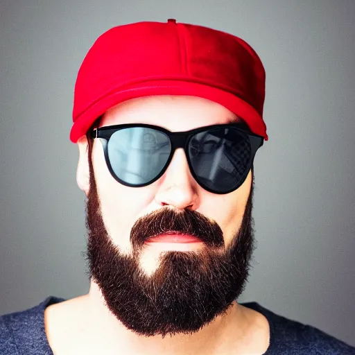 Prompt: a man with sunglasses is wearing a red cap, stubbly beard, portrait, chain, detailed face, high detail, high definiton, ultra realistic, 4 k uhd,