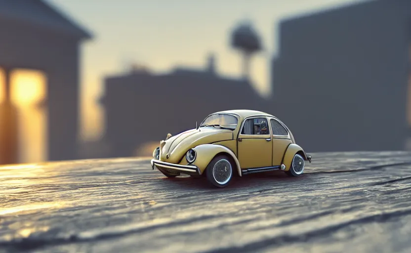 Image similar to a miniature of a VW Beetle on a bookshelf near a window at sunset, DOF, octane render, unreal engine 5, godrays, complementary colors, calm, symmetrical, highly detailed, high quality, 4k, beautiful, hyperrealistic