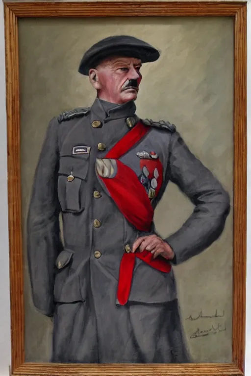 Prompt: ww 1 general wearing drab grey uniform, long red heroic cape on his back, oil on canvas