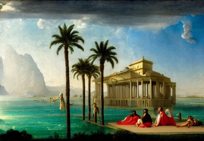 Prompt: Palace floating in heaven, 1km tall, thunderstorm, greek pool, beach and palm trees on the background major arcana sky, by paul delaroche, hyperrealistic 4k uhd, award-winning very detailed, heaven paradise