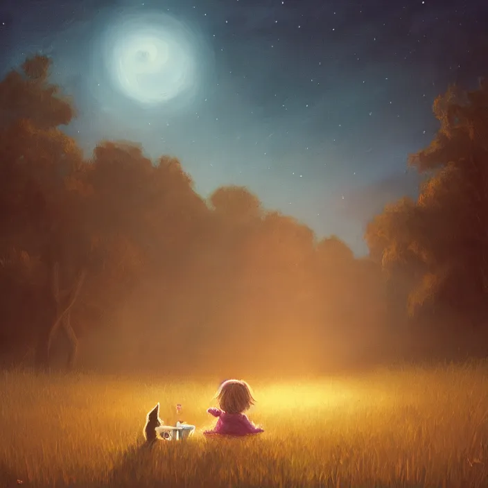 Prompt: A little girl and a cat are sitting in a field at night, trending on artstation, 50mm, by Noah Bradley