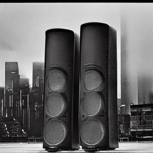 Prompt: 60s movie still of a cyberpunk city made of speakers by Irving Penn, Cinestill 800t 35mm black and white, heavy grainy picture, very detailed, high quality, 4k, HD criterion, dramatic lightning, precise texture, gettyimages