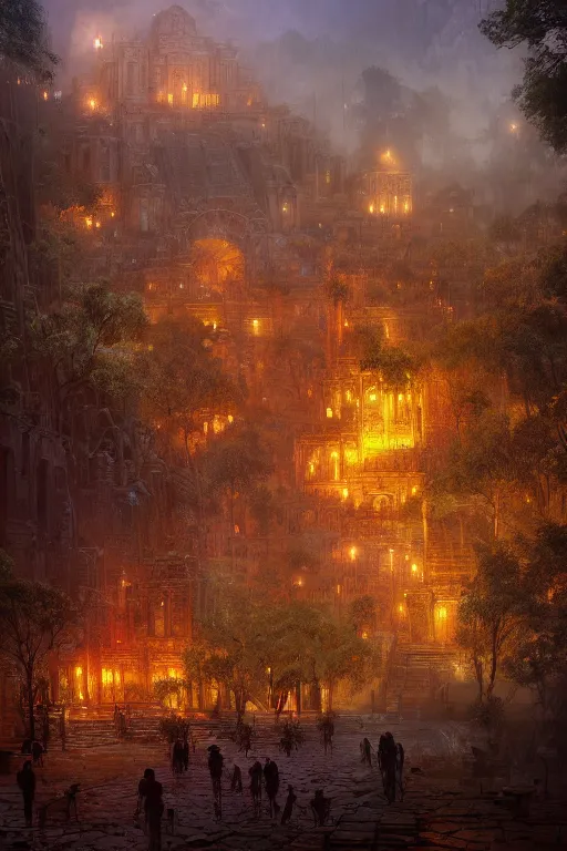 Image similar to old aztec city of gold in the middle of the forest, intricate, elegant, volumetric lighting, digital painting, highly detailed, artstation, sharp focus, illustration, concept art, ruan jia, steve mccurry