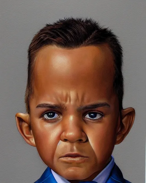 Image similar to portrait of a 7 year old child boss, gritty, serious, wearing a suit and a tie, very detailed eyes, hyperrealistic, beautiful, very detailed painting by Glenn Fabry, by Joao Ruas, by Artgerm