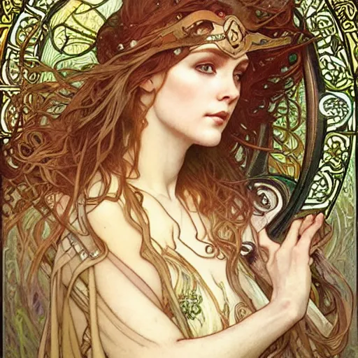 Prompt: realistic detailed face portrait of the Celtic Goddess Arianrhod by Alphonse Mucha, Ayami Kojima, Amano, Charlie Bowater, Karol Bak, Greg Hildebrandt, Jean Delville, and Mark Brooks, Art Nouveau, Neo-Gothic, gothic, rich deep moody colors
