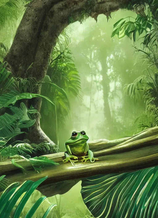 Image similar to a beautiful matte painting of a green frog in the jungle, kambo