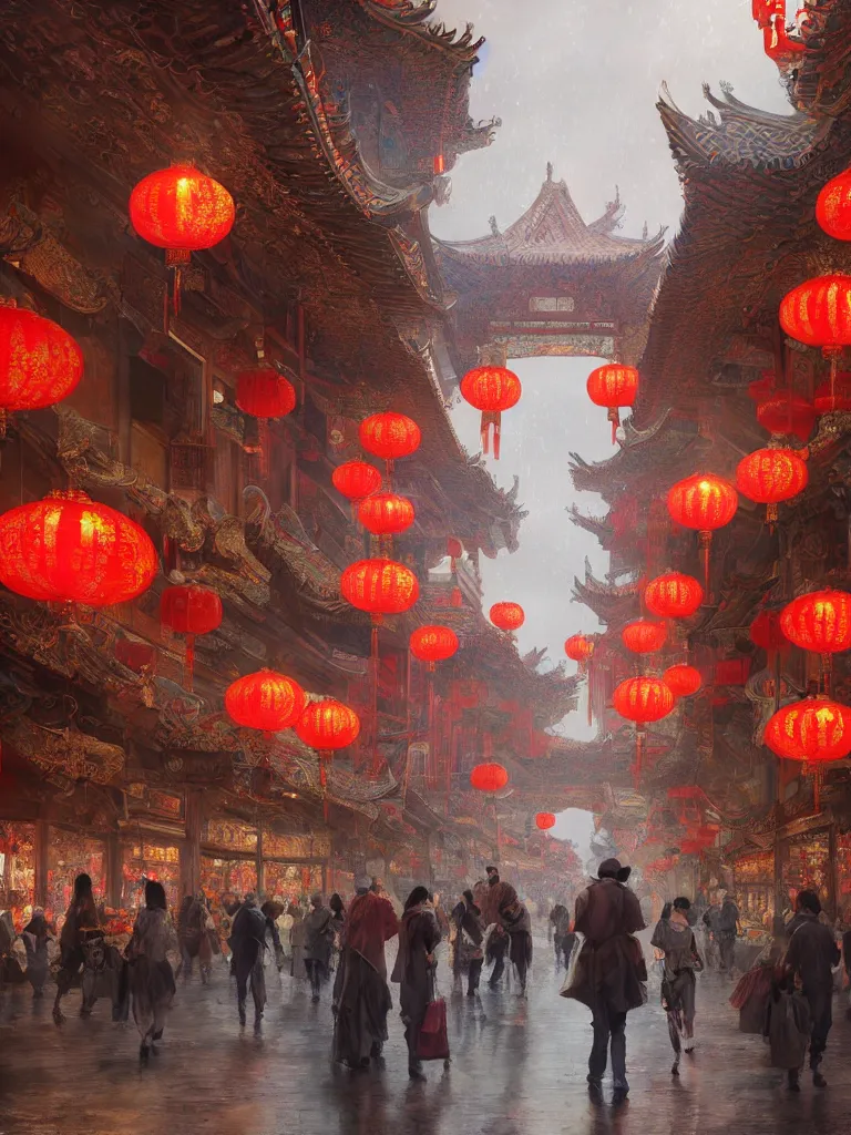 Image similar to epic scenery of a shopping street in the Chinese imperial city, intricate, elegant, volumetric lighting, digital painting, highly detailed, artstation, sharp focus, illustration, concept art, ruan jia, steve mccurry