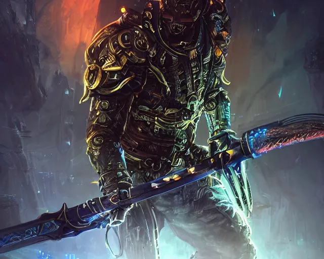 Prompt: legendary glowing sword of cybernetic technology on a table, digital award winning hd matte painting, intimate dark moody, intricate, long sharp black and iridescent blade, ornate spikes, colorful hilt, detailed realistic, raytraced blade, colored gems, golden pommel, in the style of greg rutkowski and krenz cushart, trending on artstation and deviantart