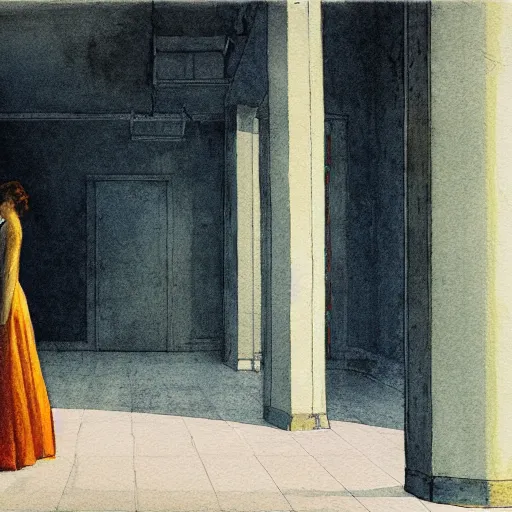 Image similar to close up of a girl in a soviet liminal abandoned building, watercolor by victo ngai, by hammershøi, art noveau, highly detailed, lights by edward hopper, liminal, eerie, bright pastel colors