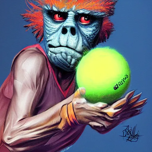 Image similar to a tennis ball monster, digital art, fantasy, magic, trending on artstation, ultra detailed, professional illustration by Basil Gogos