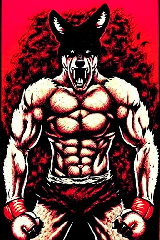 Image similar to extreme long shot. 8 bit nes graphics. 8 0's. vhs artefacts. antropomorphic muscular masculine wolf. kickboxer fighter, in shorts. wolf head. angry. fine details, very sharp, art from nes game cartridge, vaporwave style, marc simonetti and hermann nitsch and anish kapoor.