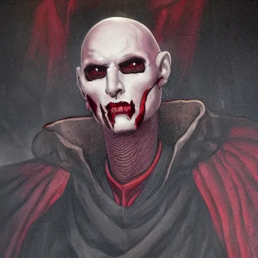 Prompt: d & d painting portrait necromancer man with bald head, red sunken eyes, pallid skin, long flowing black and red robes. fingers are bony and long