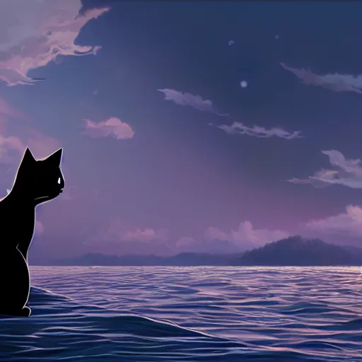 Image similar to a wholesome animation key shot of a black cat sailing a boat in the night, medium shot, studio ghibli, pixar and disney animation, sharp, rendered in unreal engine 5, anime key art by greg rutkowski, bloom, dramatic lighting