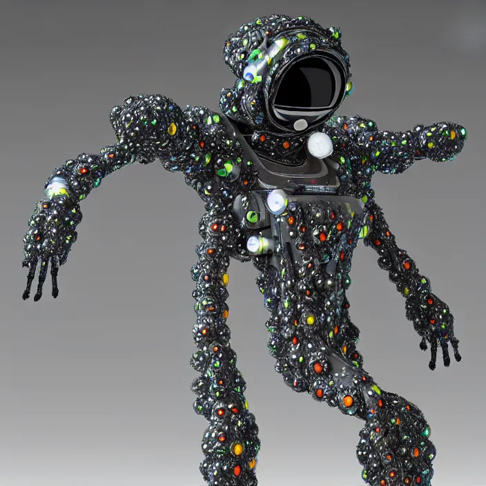 Image similar to a cybernetic symbiosis of a single astronaut mech-organic eva suit made of pearlescent wearing anodized thread knitted shiny ceramic multi colored yarn thread infected with kevlar,ferrofluid drips,carbon fiber,ceramic cracks,gaseous blob materials and diamond 3d fractal lace iridescent bubble 3d skin dotted covered with orb stalks of insectoid compound eye camera lenses orbs floats through the living room, film still from the movie directed by Denis Villeneuve with art direction by Salvador Dalí, wide lens,