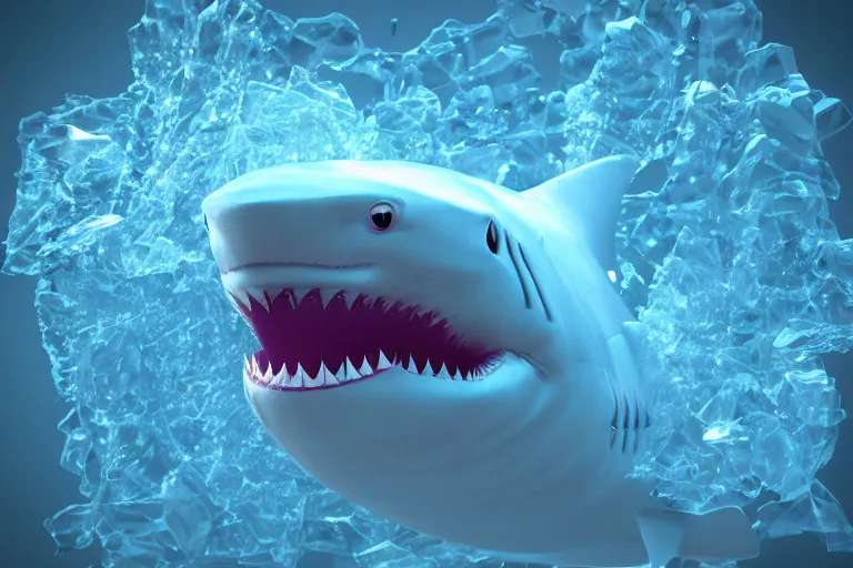 Image similar to a shark frozen within an ice cube, 3d render, cgi, 3d model, studio lighting