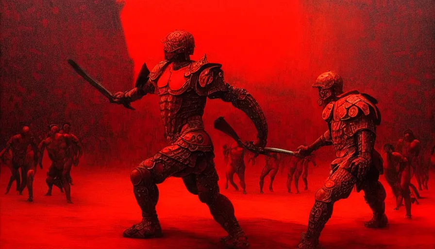 Image similar to only with red, a lightly armored gladiator in a crowded roman amphitheatre, crowd cheering, in the style of beksinski and edward hopper and rodcenko and yue minjun and artgerm, intricate and epic composition, red by caravaggio, highly detailed, masterpiece, red light, artstation