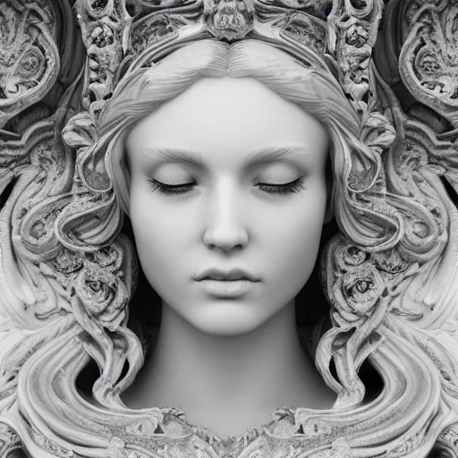 Image similar to wonderful princess made of marble, beautiful face, hyper detailed, flowing background intricate and detailed, ornate 8 k gorgeous intricate detailed, octane render, black and white