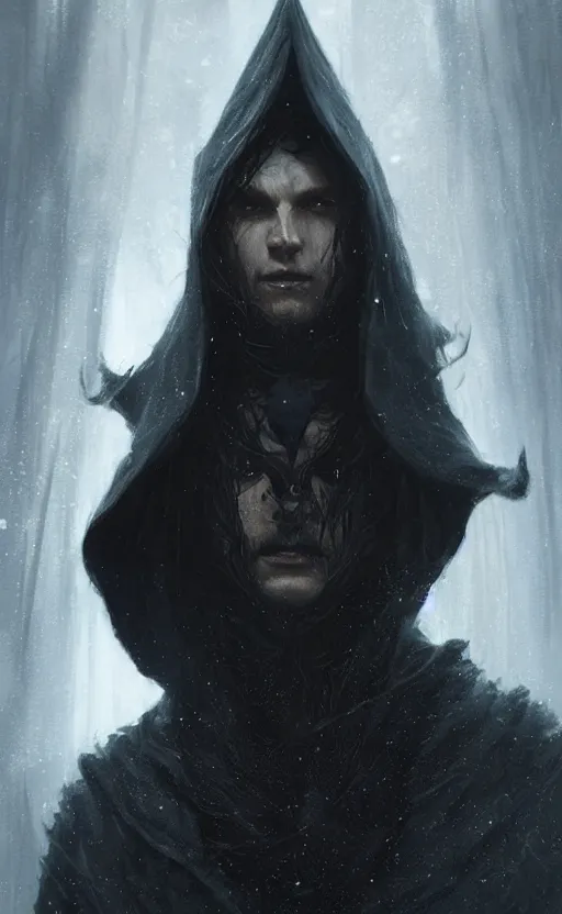 Prompt: Portrait of an elf in a black cloak, black hair, glowing eyes, male, detailed face, fantasy, highly detailed, cinematic lighting, digital art painting by greg rutkowski