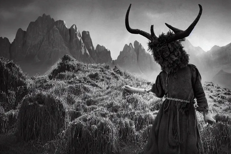 Prompt: portrait of a tyrolean folklore mask, dark, eerie , wearing hay coat, with horns, eerie, flowers growing out of his body, dolomites in the background, detailed intricate insanely detailed octane render, 8k, artistic 1920s photography, vintage photo, black and white, photorealistic, chiaroscuro, by David Cronenberg, Raphael, Caravaggio