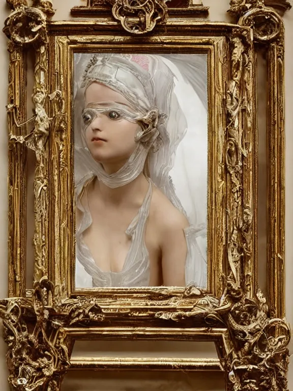 Image similar to a beautiful render of a baroque catholic mirror between the red queen and the white queen, veiled,sculpture with symmetry intricate detailed,by Lawrence Alma-Tadema, peter gric,aaron horkey,Billelis,trending on pinterest,hyperreal,jewelry,gold,intricate,maximalist,glittering,golden ratio,cinematic lighting