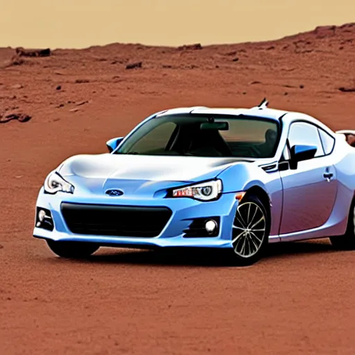 Image similar to a subaru brz, on the surface of mars, photography